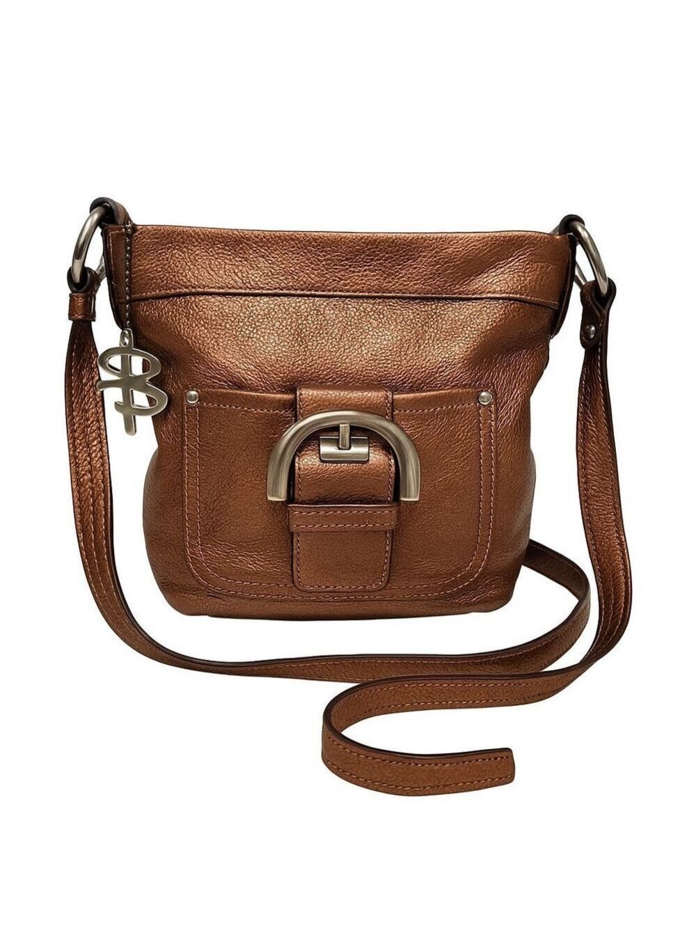 B. Makowsky Metallic Bronze Genuine Leather Crossbody Bag – Silver Hardware